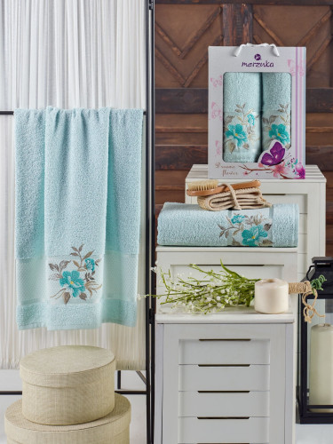 Набор полотенец MERZUKA "DREAMS FLOWER", 50x90, 70x140, махровая ткань, 2 шт (MERZUKA-10678-мятный)