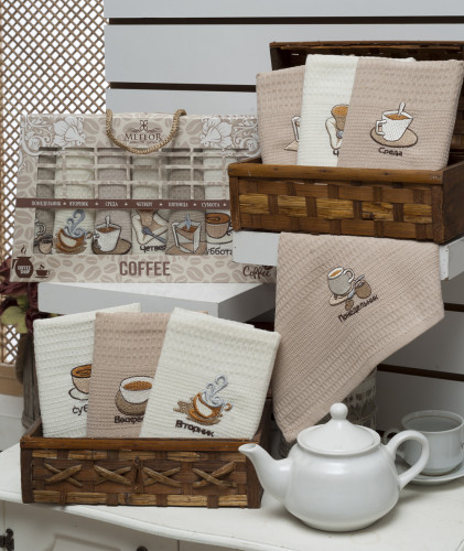 Набор полотенец вафельных Метеор Текстиль "Кофе", кухонные, 40x60, вафельное полотно, 7 шт (Метеор -8251)